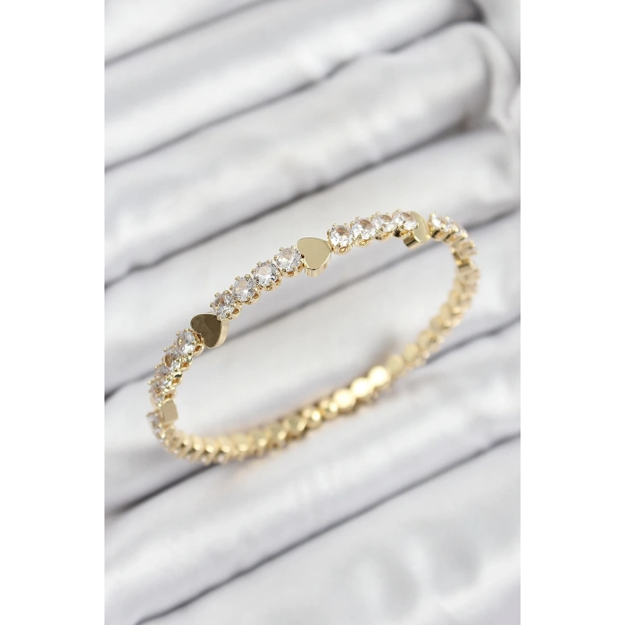 Pirinç Zirkon Taşlı Kalp Model Gold Renk Yaylı Kadın Bileklik
