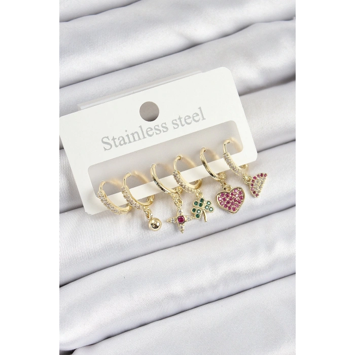 Pirinç Zirkon Taşlı Karpuz Yonca Kalp Pusula Karışık Model Gold Renk 6lı Set Kadın Küpe