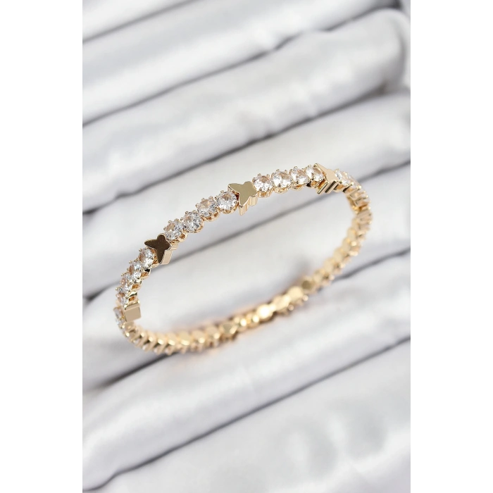 Pirinç Zirkon Taşlı Kelebek Model Gold Renk Yaylı Kadın Bileklik