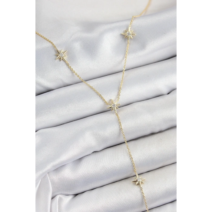 Pirinç Zirkon Taşlı Kutup Yıldız Figürlü Y Model Gold Renk Kadın Kolye