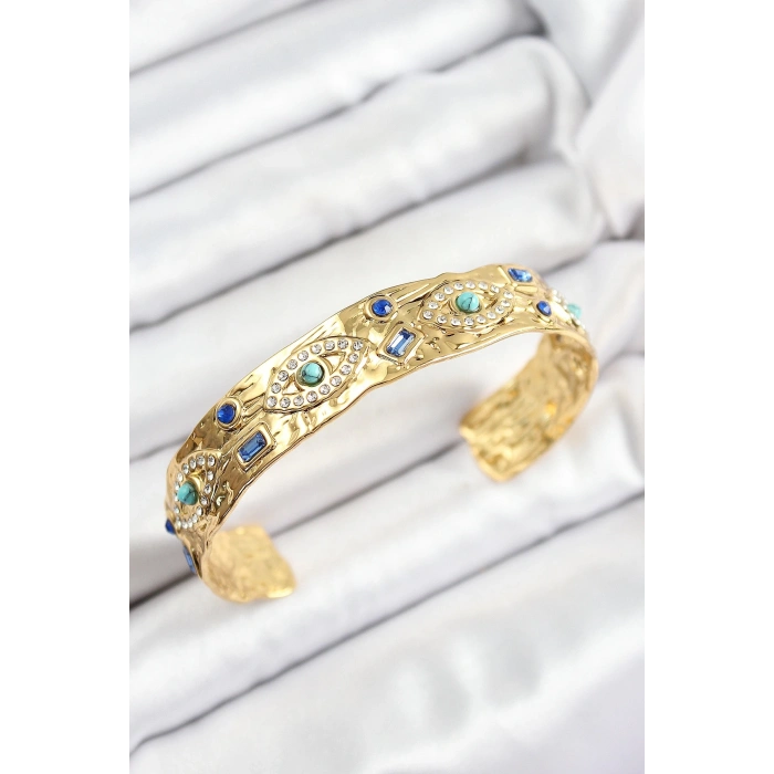 Pirinç Zirkon Taşlı Mavi Boncuklu Göz Model Gold Renk Altı Açık Kadın Bileklik