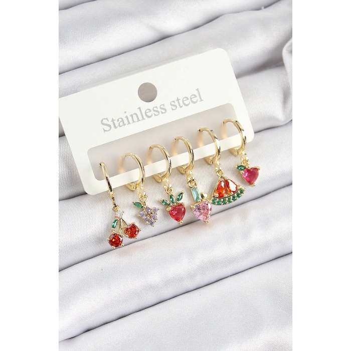 Pirinç Zirkon Taşlı Meyve Temalı Karışık Model Gold Renk 6lı Set Kadın Küpe