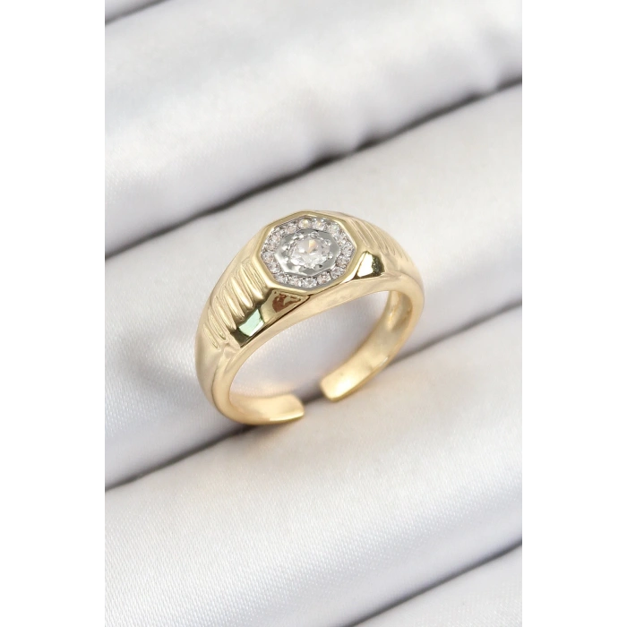 Pirinç Zirkon Taşlı Sekizgen Model Gold Renk Kadın Yüzük