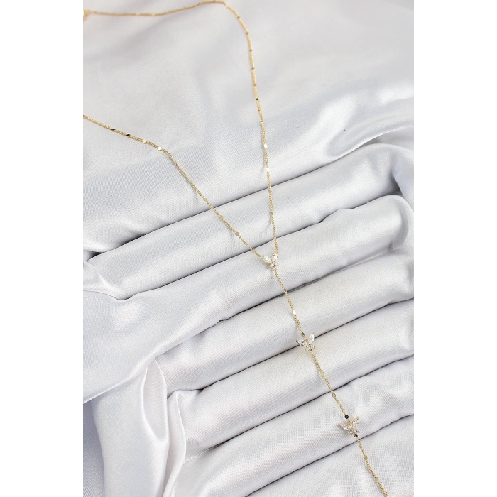 Pirinç Zirkon Taşlı Sıralı Kelebek Figürlü Y Model Gold Renk Kadın Kolye