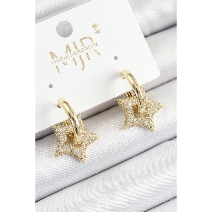 Pirinç Zirkon Taşlı Yıldız Figürlü Halka Model Gold Renk Kadın Küpe