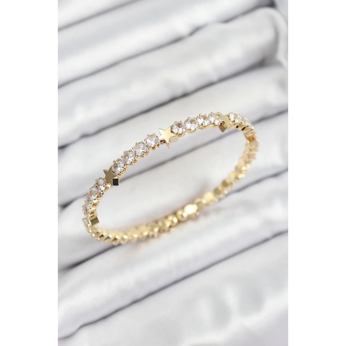 Pirinç Zirkon Taşlı Yıldız Model Gold Renk Yaylı Kadın Bileklik