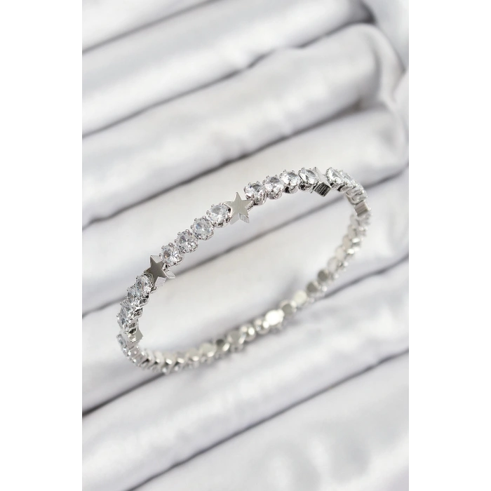 Pirinç Zirkon Taşlı Yıldız Model Gümüş Renk Yaylı Kadın Bileklik