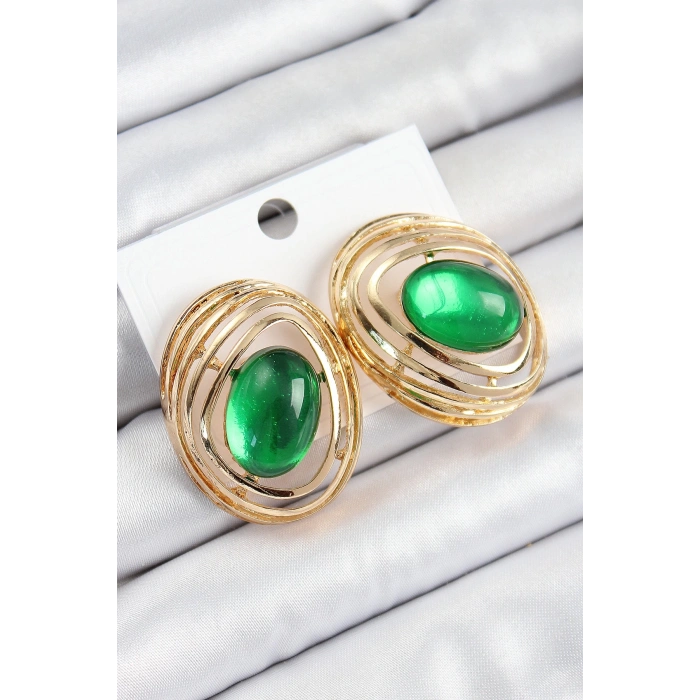 Pirinç Zümrüt Yeşili Zirkon Taşlı Oval Model Gold Renk Kadın Küpe