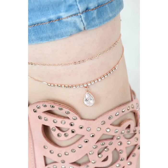 Rose Renk Çift Zincirli Damla Taşlı Hal Hal