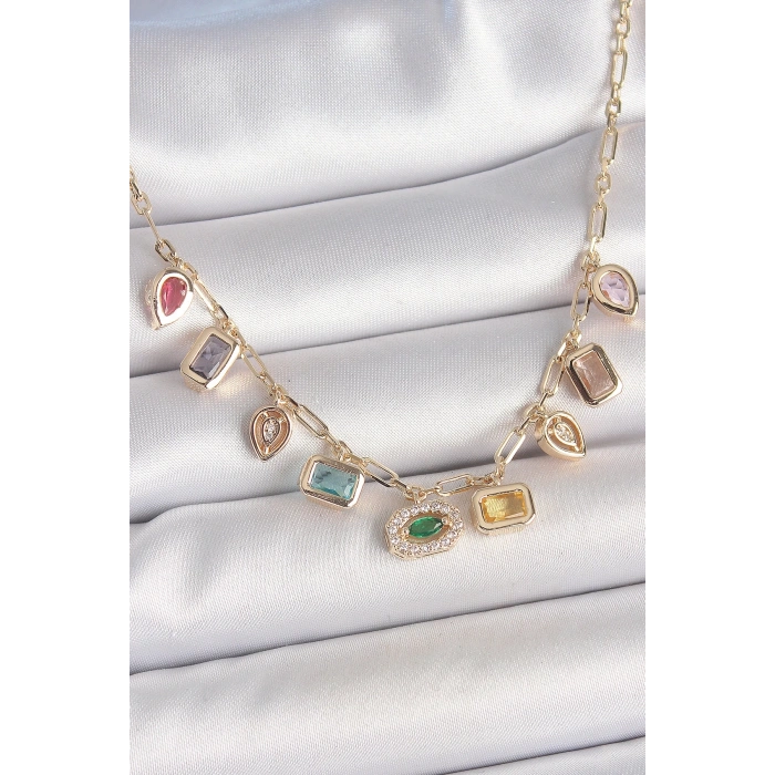 Sıralı Karışık Renk Zirkon Taşlı Gold Pirinç Kolye