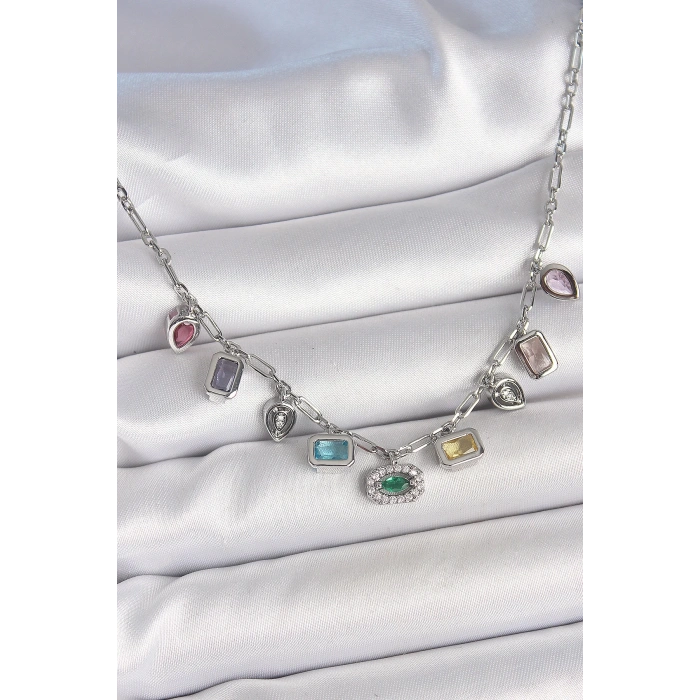 Sıralı Karışık Renk Zirkon Taşlı Gümüş Pirinç Kolye