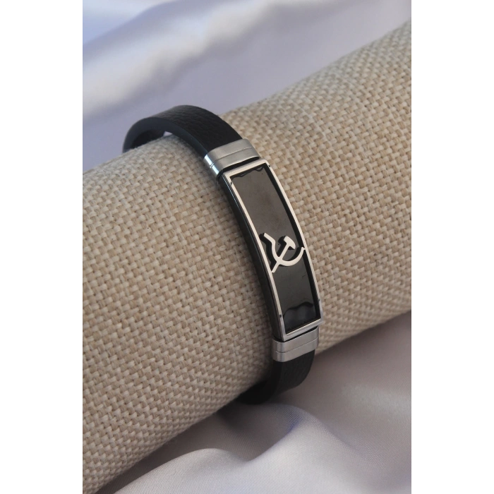 Siyah Metal Çekiç Orak Model Siyah Deri Erkek Bileklik