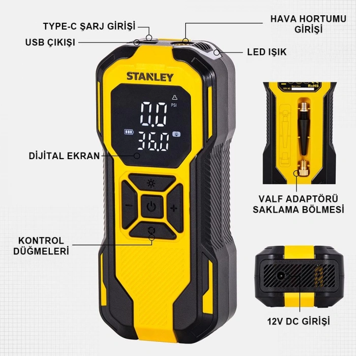 STANLEY SXIF0101 12V / Şarjlı Li-ion 150 PSI Dijital Göstergeli Akıllı Lastik Şişirme Pompası+Powerbank+SOS+Led Lamba