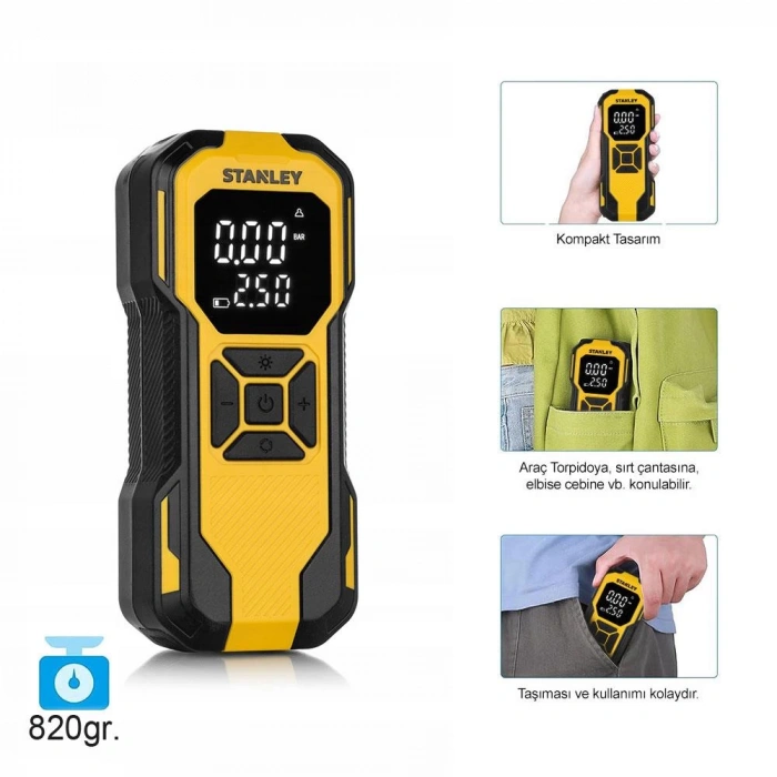 STANLEY SXIF0101 12V / Şarjlı Li-ion 150 PSI Dijital Göstergeli Akıllı Lastik Şişirme Pompası+Powerbank+SOS+Led Lamba