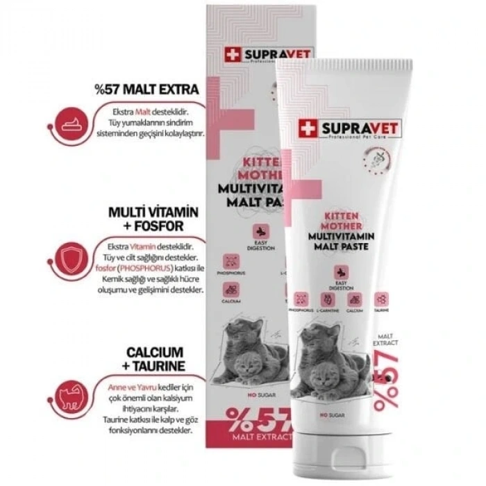 Supravet Kalsiyum ve Taurinli Hamile ve Yavru Kediler için Multi Vitamin Kedi Malt Macunu 30 Gr