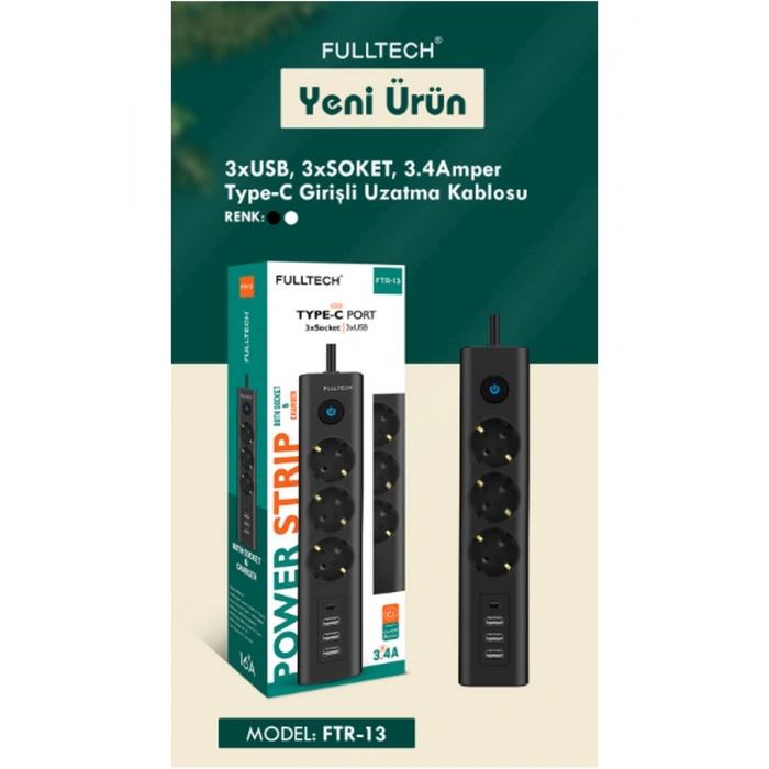 Termal Akım Korumalı Isıya Dayanıklı 3’lü Priz, 3 Usb, 1 Type-c Giriş Kablolu Priz