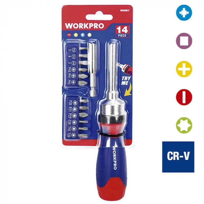 WORKPRO WP200524 14 Parça Profesyonel CR-V Cırcırlı Bits Tornavida Seti