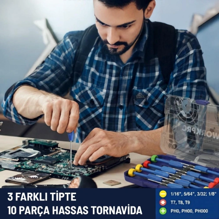 WORKPRO WP200530 CR-V 10 Parça Profesyonel Manyetik Hassas Tornavida Seti