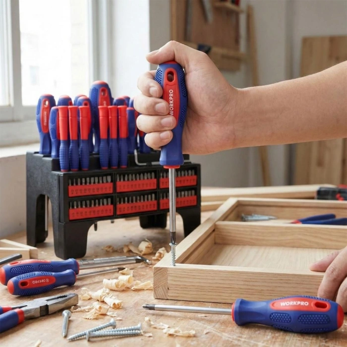 WORKPRO WP200560 100 Parça Duvar Askı Aparatlı Profesyonel CR-V Manyetik Tornavida ve Bits Uç Seti