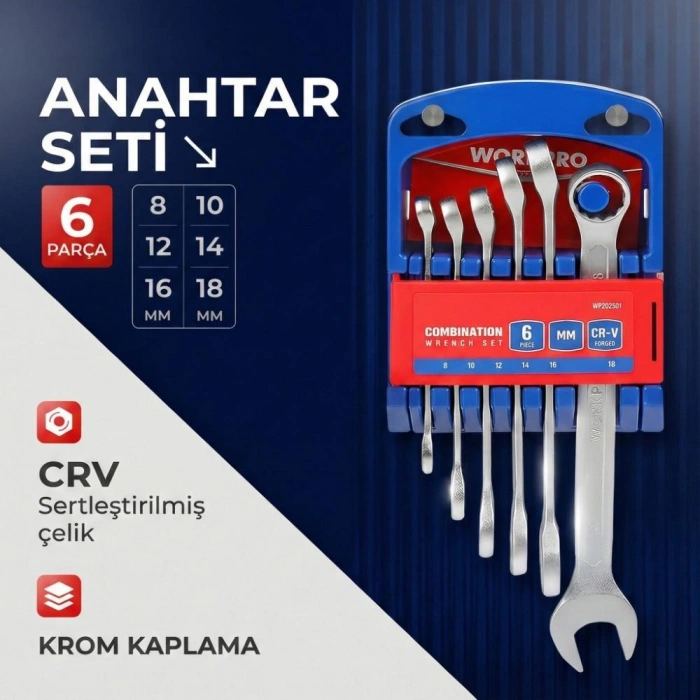 WORKPRO WP202501 Cr-V 6 Parça Profesyonel Kombine Anahtar Takımı