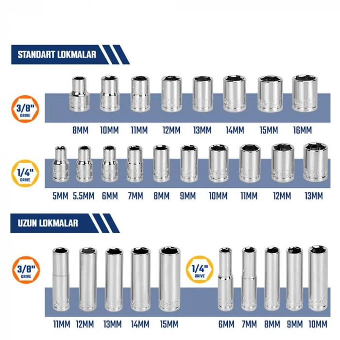WORKPRO WP202524 1/4’ 3/8’’ Metrik 75 Parça Cr-V Profesyonel Lokma Takımı