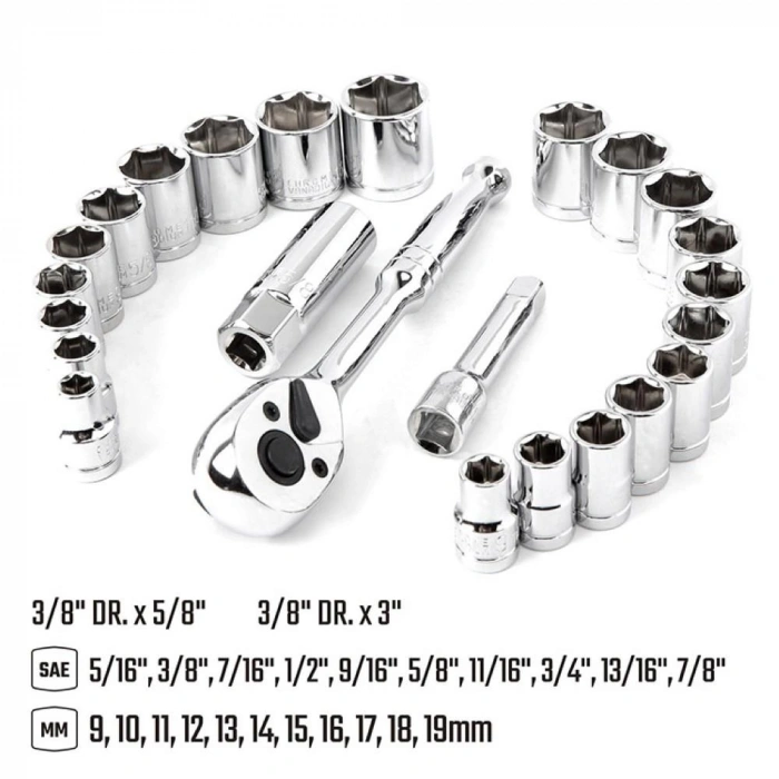 WORKPRO WP202541 3/8’ CR-V 24 Parça Metrik/İnç Ağır Hizmet Lokma Takımı