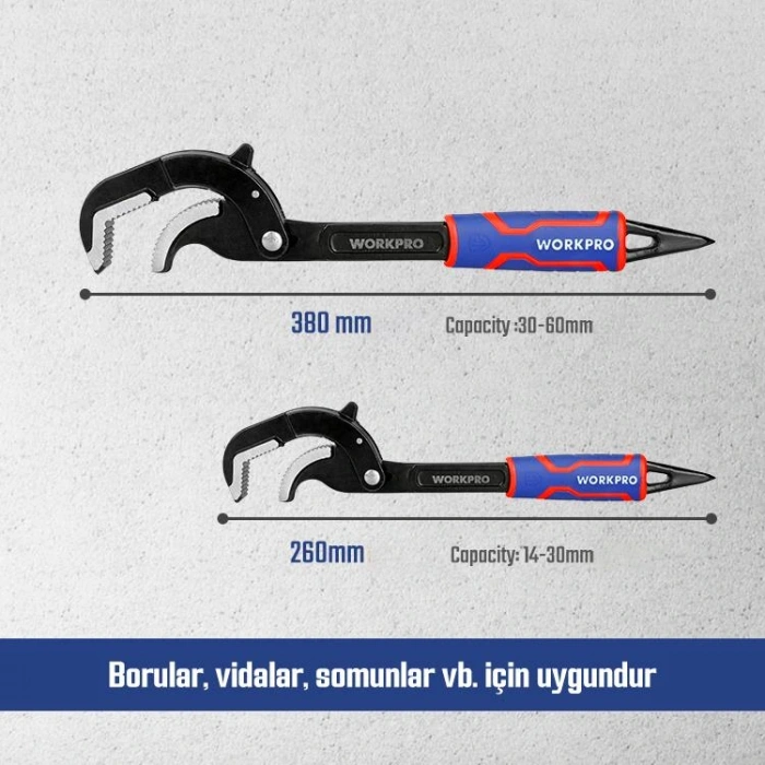 WORKPRO WP202574 2 Parça Otomatik Kilitlemeli Çok Fonksiyonlu Profesyonel Boru Anahtarı/ Levye Seti
