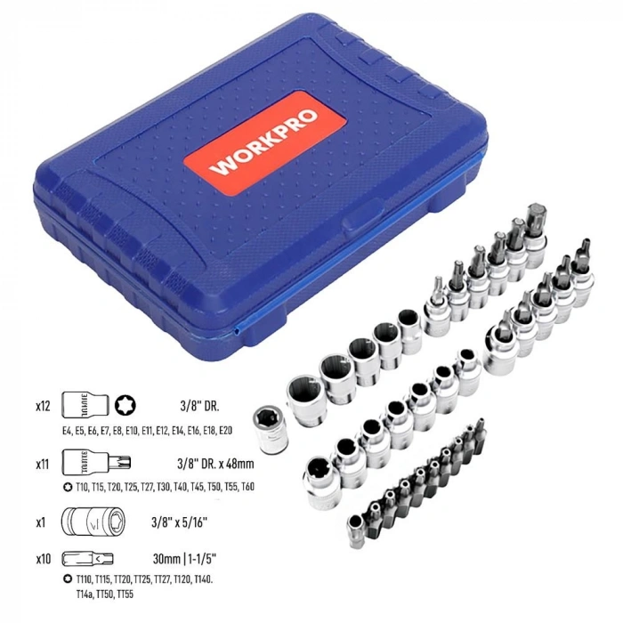 WORKPRO WP202595 3/8’ CR-V 34 Parça Ağır Hizmet Torx Lokma Takımı (E/T Serisi)