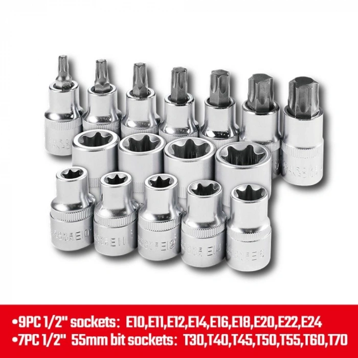 WORKPRO WP202596 1/2’ CR-V 16 Parça Ağır Hizmet Torx Lokma Soketi / Ucu