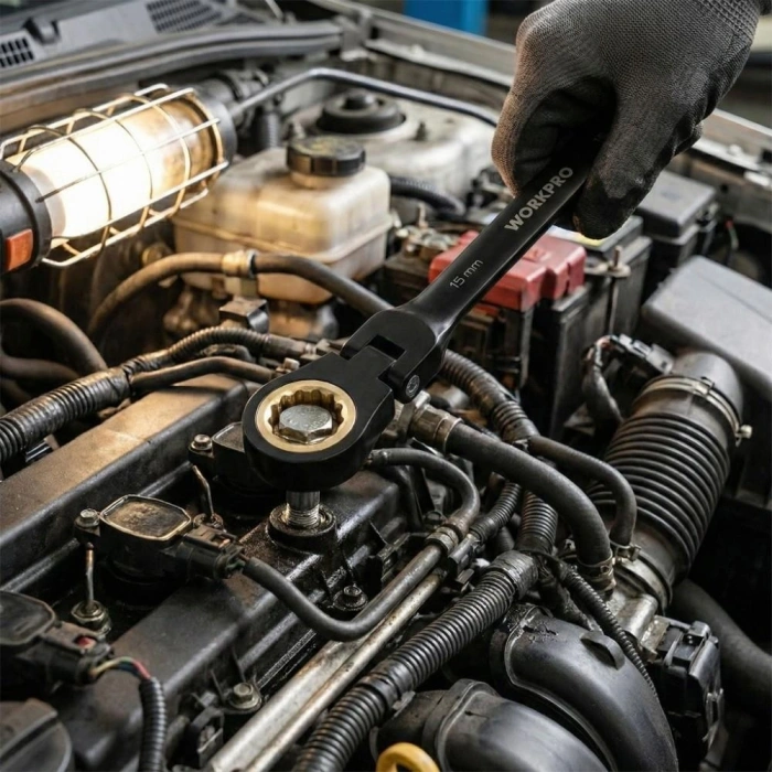 WORKPRO WP202603 8-17mm 8 Parça CR-V Profesyonel Mafsallı Cırcır Kombine Anahtar Takımı + Bez Taşıma Kılıfı