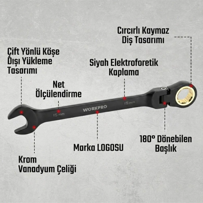 WORKPRO WP202603 8-17mm 8 Parça CR-V Profesyonel Mafsallı Cırcır Kombine Anahtar Takımı + Bez Taşıma Kılıfı