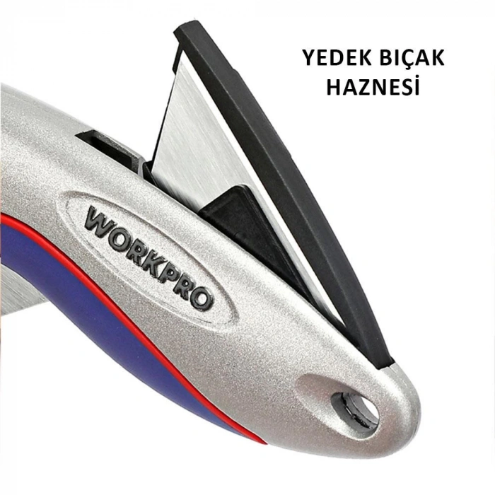 WORKPRO WP211013 Ağır Hizmet Alüminyum Gövde Açı Ayarlı Katlanır Rötuş Maket Bıçağı + 5 Adet Yedek Bıçak