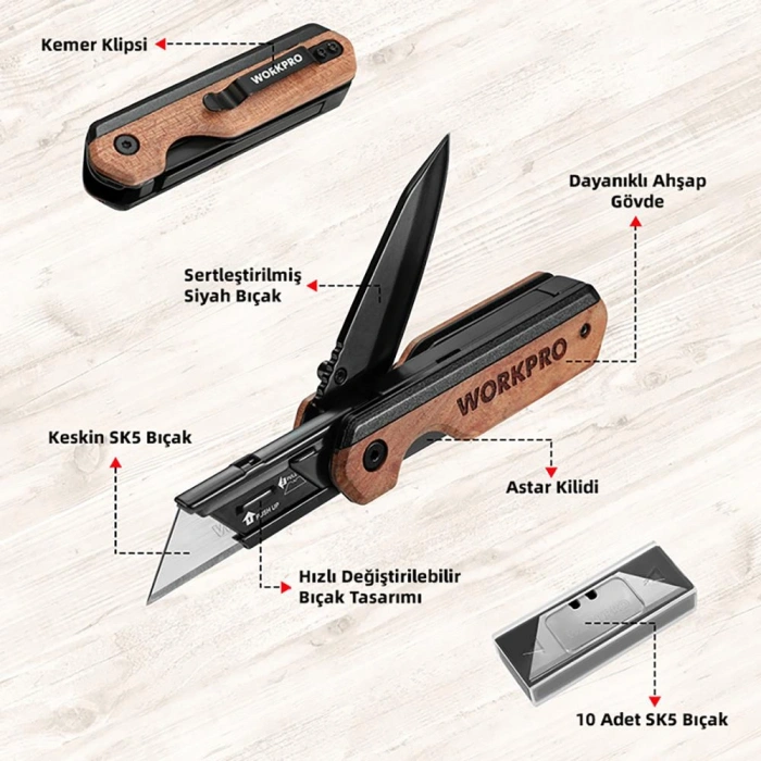 WORKPRO WP211015 2-IN-1 Ahşap Saplı Profesyonel Cep Çakısı & Katlanır Rötuş Maket Bıçağı + 11 Adet Yedek Bıçak