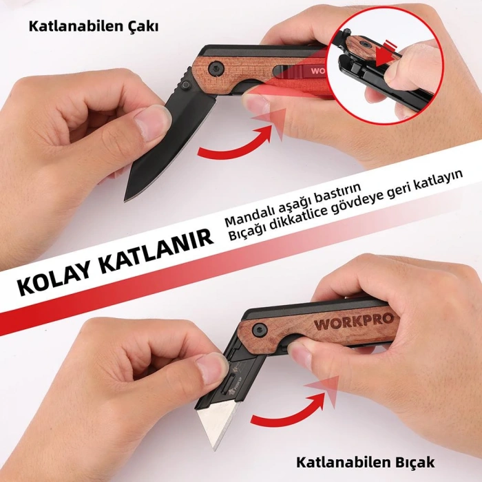 WORKPRO WP211015 2-IN-1 Ahşap Saplı Profesyonel Cep Çakısı & Katlanır Rötuş Maket Bıçağı + 11 Adet Yedek Bıçak