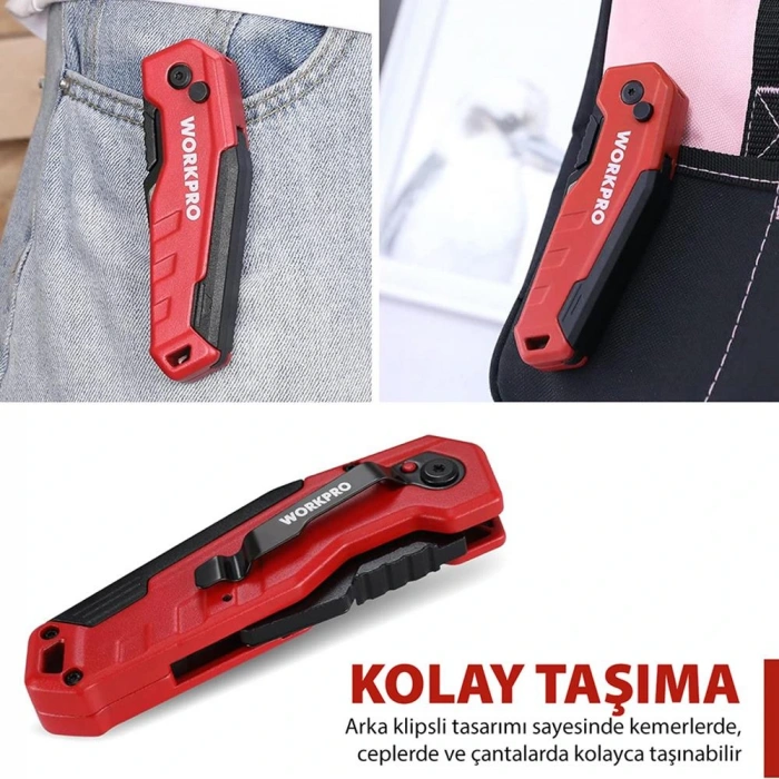 WORKPRO WP211026 Katlanır Çok Amaçlı Profesyonel Rötuş Maket Bıçağı + 14 Adet Yedek Bıçak