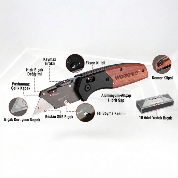 WORKPRO WP211035 Ağır Hizmet Çelik/Ahşap Gövde Katlanır Rötuş Maket Bıçağı + 11 Adet Yedek Bıçak