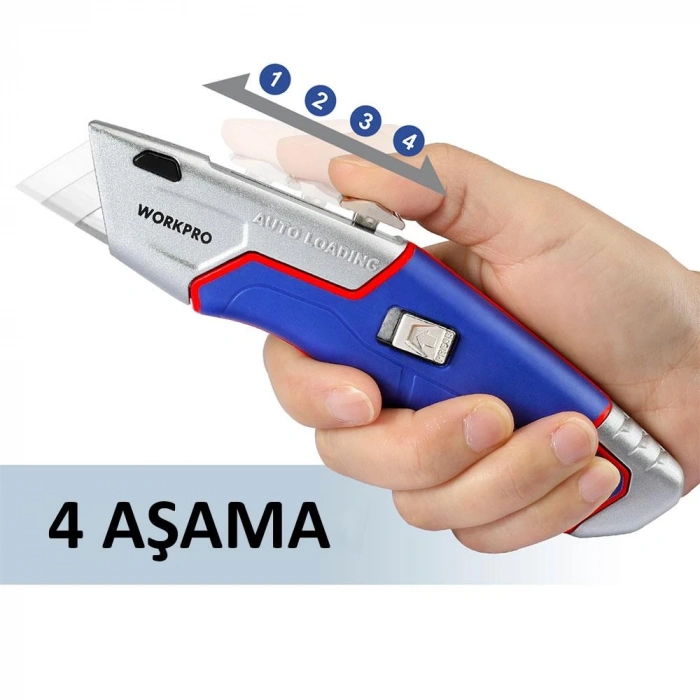 WORKPRO WP213012 Ağır Hizmet Alüminyum Gövde Geri Çekilebilir Rötuş Maket Bıçağı + 4 Adet Yedek Bıçak