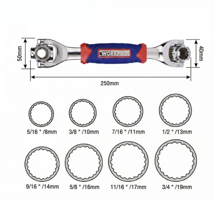 WORKPRO WP272018 8 IN 1 Mafsallı Çok Fonksiyonlu Profesyonel Lokma Anahtarı