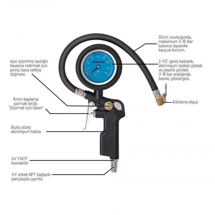 WORKPRO WP314063 16Bar Yağlı Basınç Göstergeli Profesyonel Havalı Lastik Şişirme Tabancası