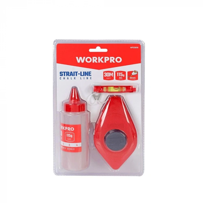 WORKPRO WP329019 Çizim İpi Seti 115gr Kırmızı Çizim İpi Boyası + Mini Su Terazisi + 30M Çizim İpi