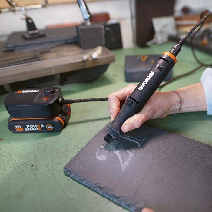 WORX WX988 MAKERX 20Volt 2.0Ah. Kömürsüz Profesyonel Kalem Tipi Devir Ayarlı Gravür Seti + Kalem Tipi Dijital Lehim ve Ahşap Yakma Seti + 46 Parça Aksesuar