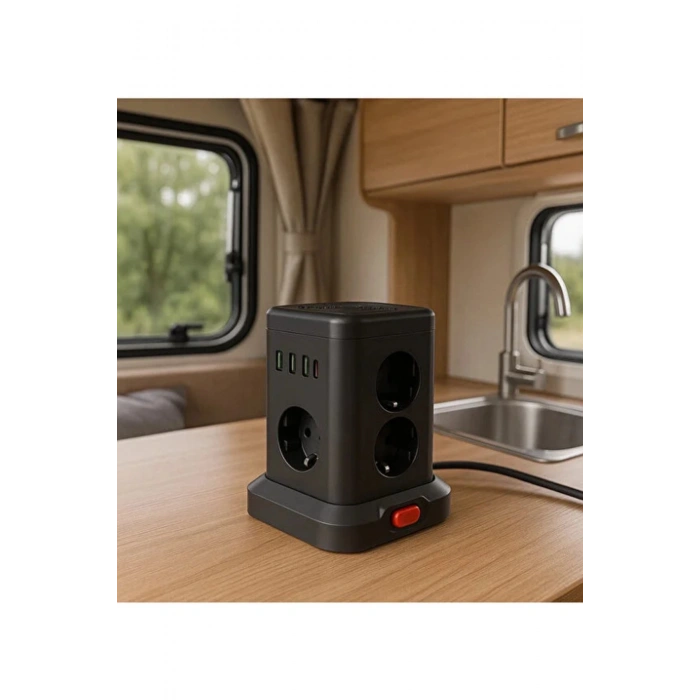 Wp-707 3 Usb-a + 1 Type-c Çıkışlı Kule Tipi Akım Korumalı Çoklu Priz – Tek Tuş Kontrol Masaüstü