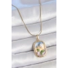 316L Çelik Gold Renk Zincir Mix Renk Mineli İnci Çiçek İşlemeli Portre Model Kadın Kolye