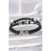 316L Çelik Gümüş Renk Aksesuarlı Çift Sıra Burgu Desenli Deri Kordon Erkek Bileklik