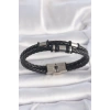 316L Çelik Gümüş Renk Aksesuarlu Çift Sıra Siyah Burgu Desenli Deri Kordon Erkek Bileklik