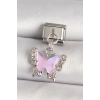 316L Çelik Gümüş Renk Zirkon Taşlı Pembe Kelebek Model Nomination Charm
