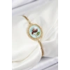 316L Çelik Zincir Turkuaz Mineli Sanatsal Portre İnci Detaylı Lale Model Gold Renk Kadın Bileklik