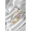 Mineli Pirinç Çiçek Desenli Zirkon Taşlı Gold Renk Kadın Kelepçe (çap 60 mm)