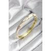 Mineli Pirinç Kırık Beyaz Çiçek Desenli Zirkon Taşlı Gold Renk Kadın Kelepçe