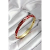 Mineli Pirinç Kırmızı Çiçek Desenli Zirkon Taşlı Gold Renk Kadın Kelepçe